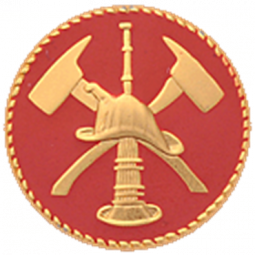 Raised Fire Scramble Featuring Two Crossed Axes, bugle and fire helmet.