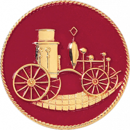 Round Fire Hat Badge with Old Fashioned Pumper Truck