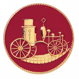 Circle Hat Badge Featuring an Old Fashioned Pumper Truck